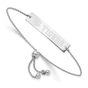 Sterling Silver Rhodium Plated Clemson Tigers Bar Adj Bracelet, 9 Inch